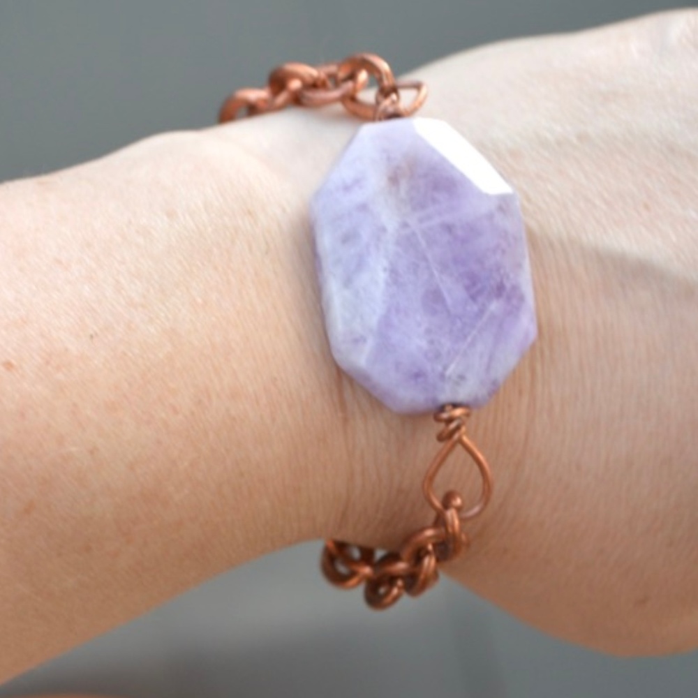 Huge Genuine Lavender Jade Solid Copper Bracelet  Handmade Gemstone Pure